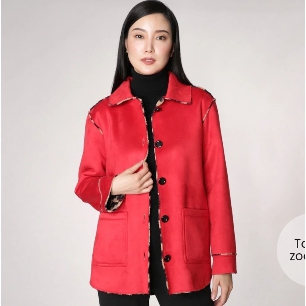 Laurier & Co Mid-Length Barn Jacket Suade W/ Collar Red Leopard Sz 2X, Chic Prep